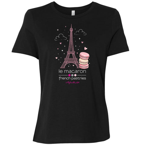 Ladie's Le Macaron Paris Eiffel Tower Custom Location Black T-Shirt